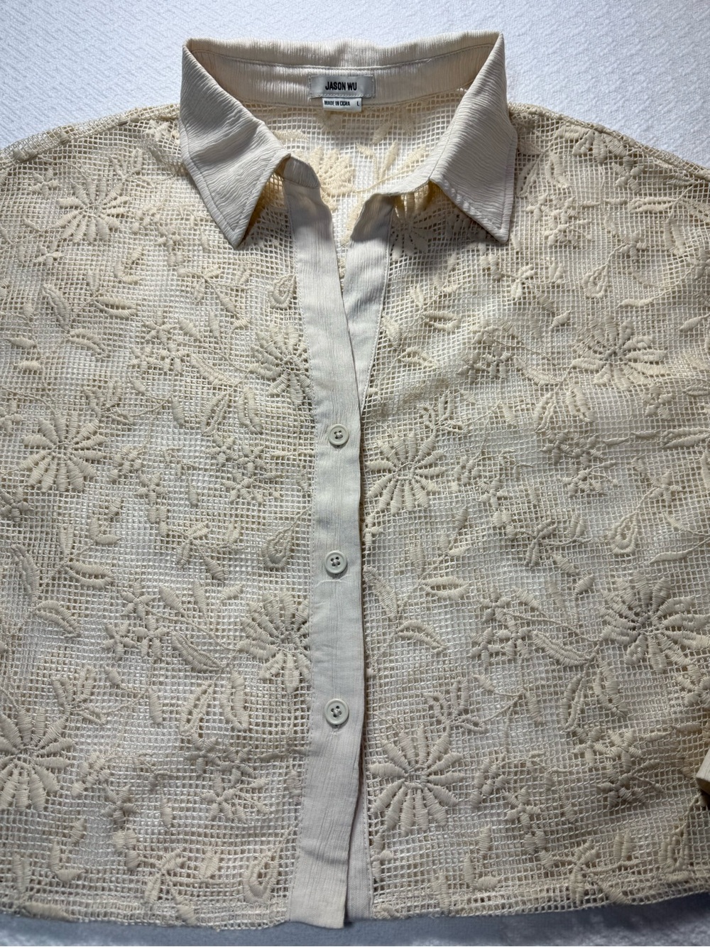 Jason Wu Ivory Floral Embroidered Lace Cropped Button Front Blouse L - Picture 4 of 10